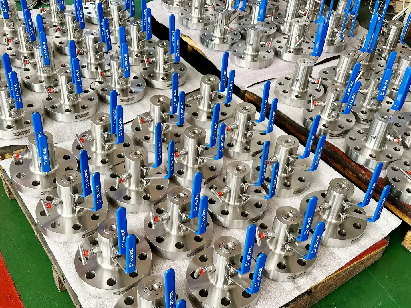 Batch of stainless steel manual ball valves with blue handles
